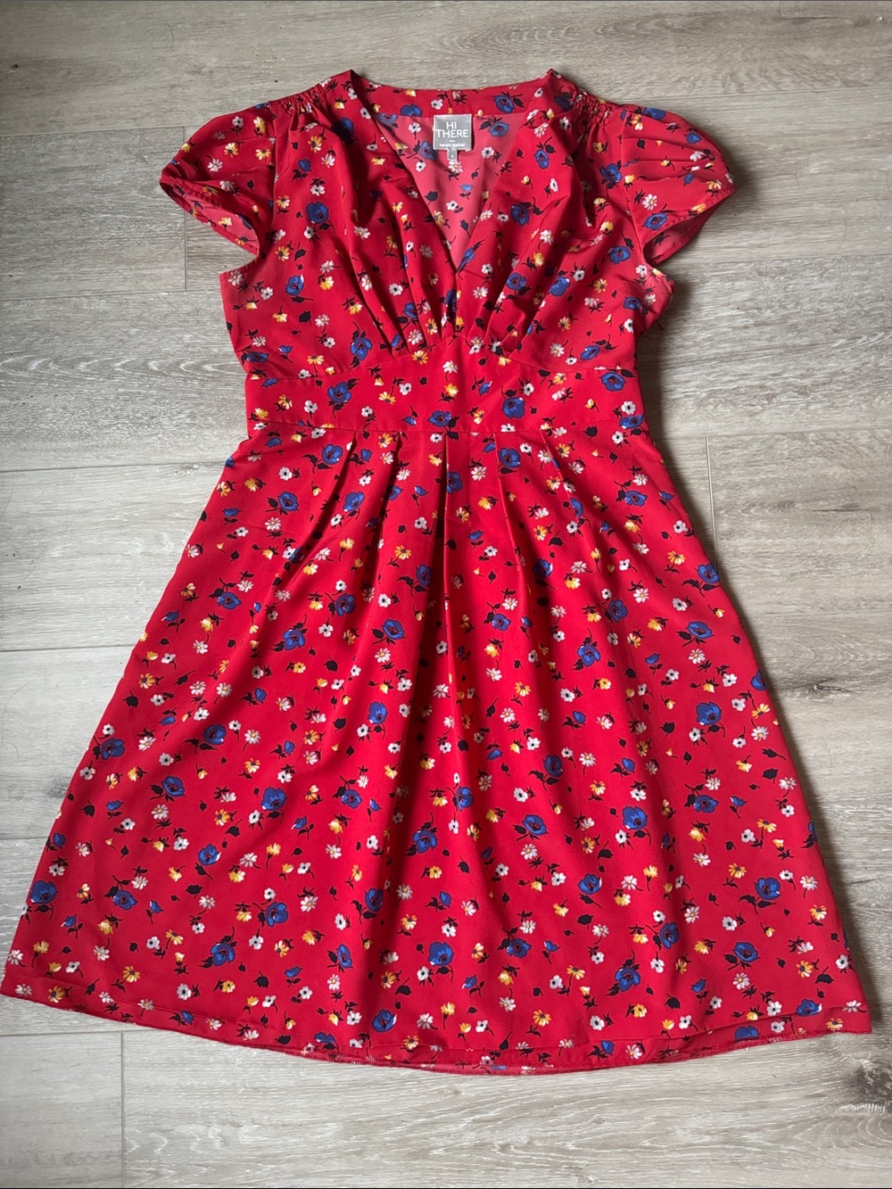 Anthropologie Red Floral Midi Dress with Blue and Yellow Blooms